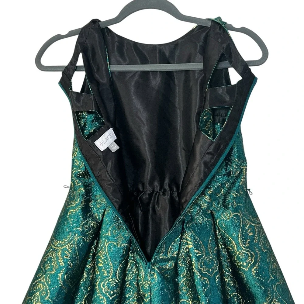 The Children's Place Girls Dress Size 14 Teal Green Gold Brocade‎ Party Holiday